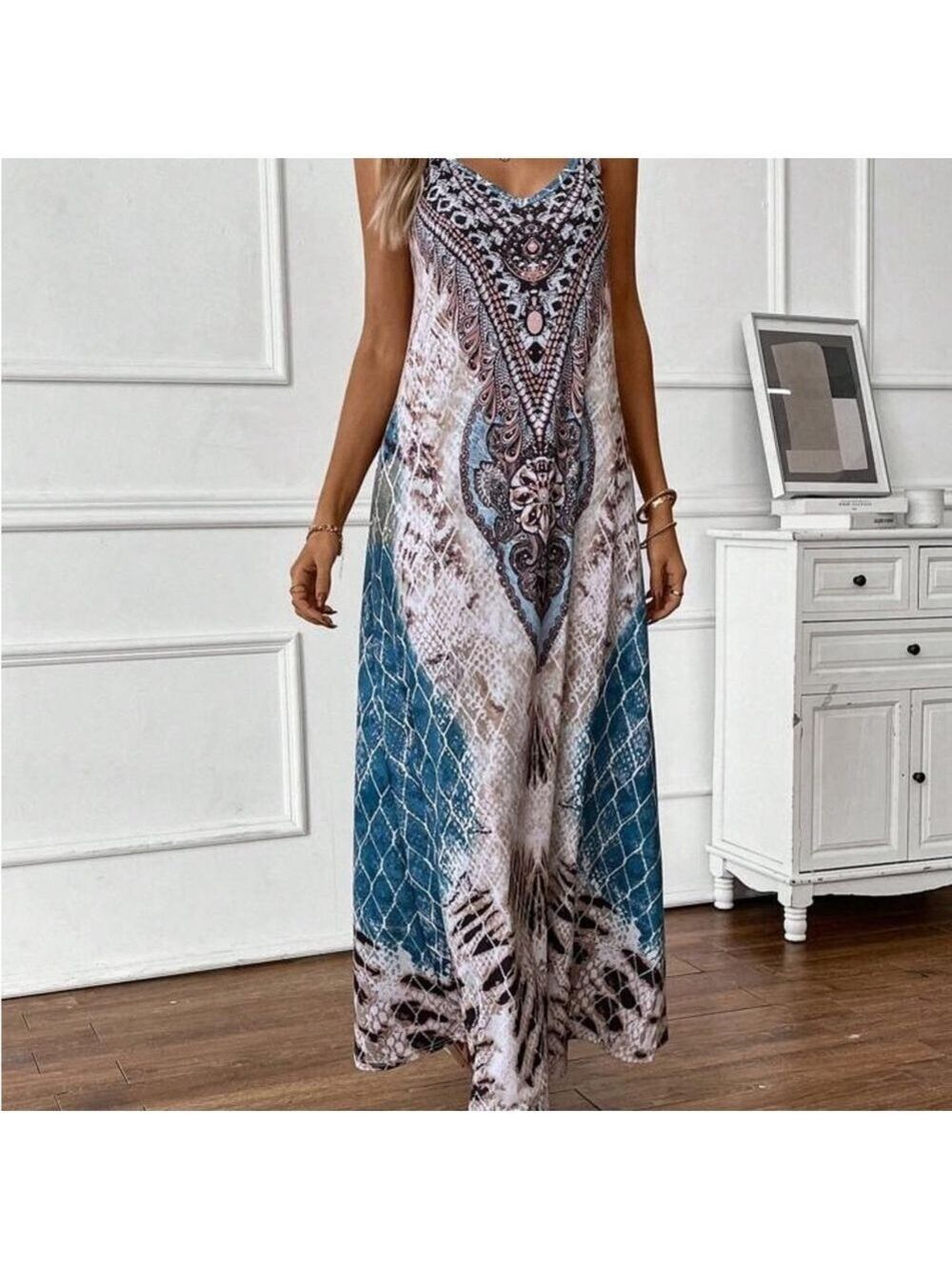 Women's Blue Snakeskin Print Bohemian Maxi Cami Dress Large - Picture 14 of 15